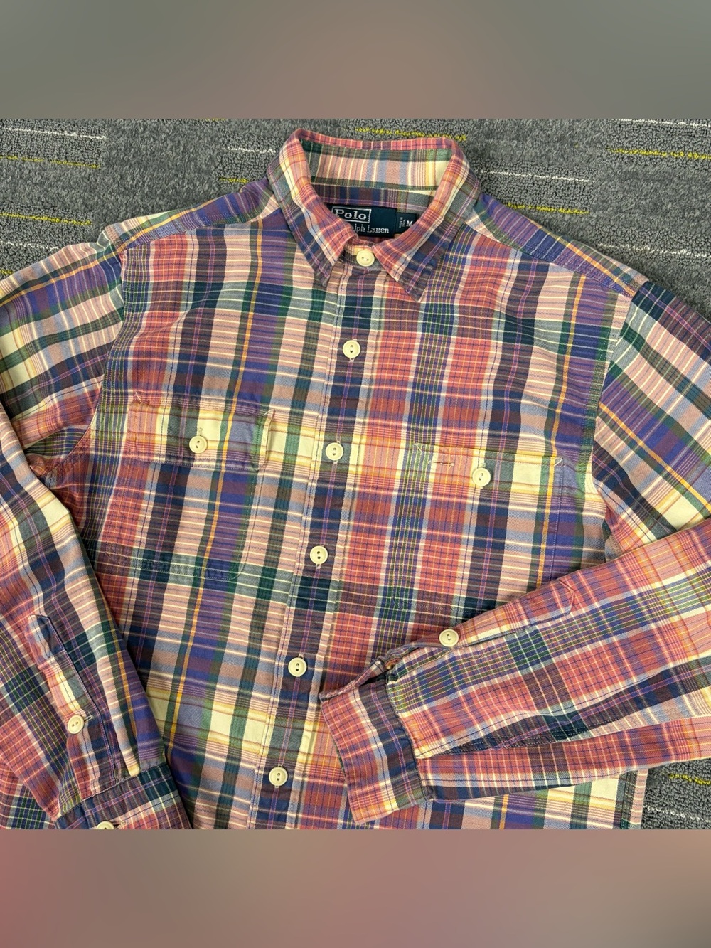 Polo Ralph Lauren Long Sleeve Oxford Shirt Mens Med Plaid Pockets Collar Strap